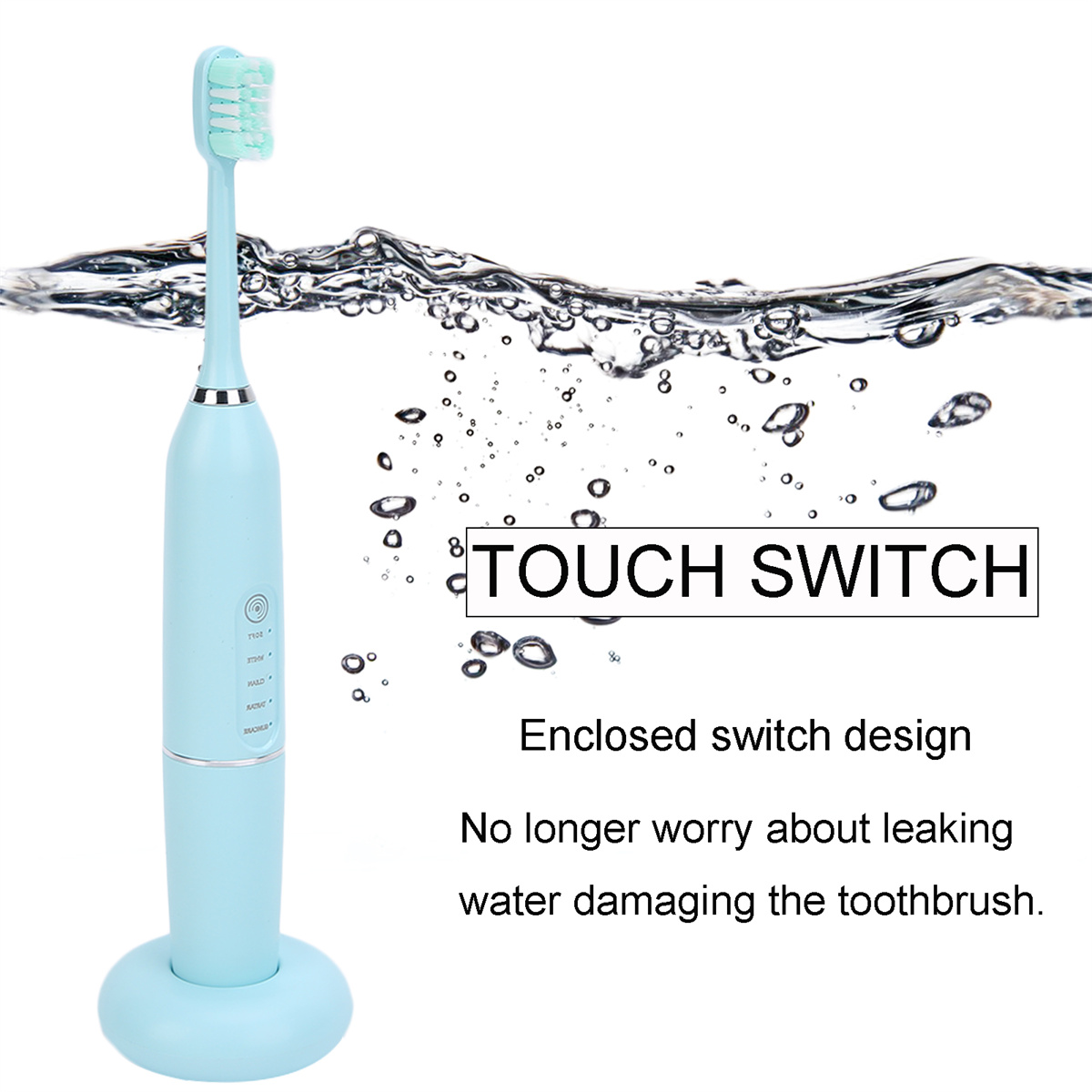 Blaue elektrische Zahnbürste in einem Ständer mit Wasserspritzern. Text: 'Touch Switch'.