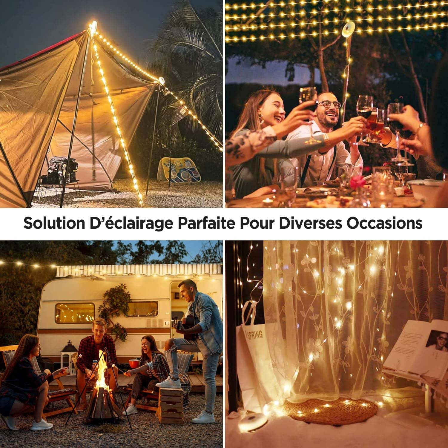 Mehrere Szenen von Menschen, die Outdoor-Beleuchtung mit Lichterketten genießen, zeigen verschiedene Setups.
