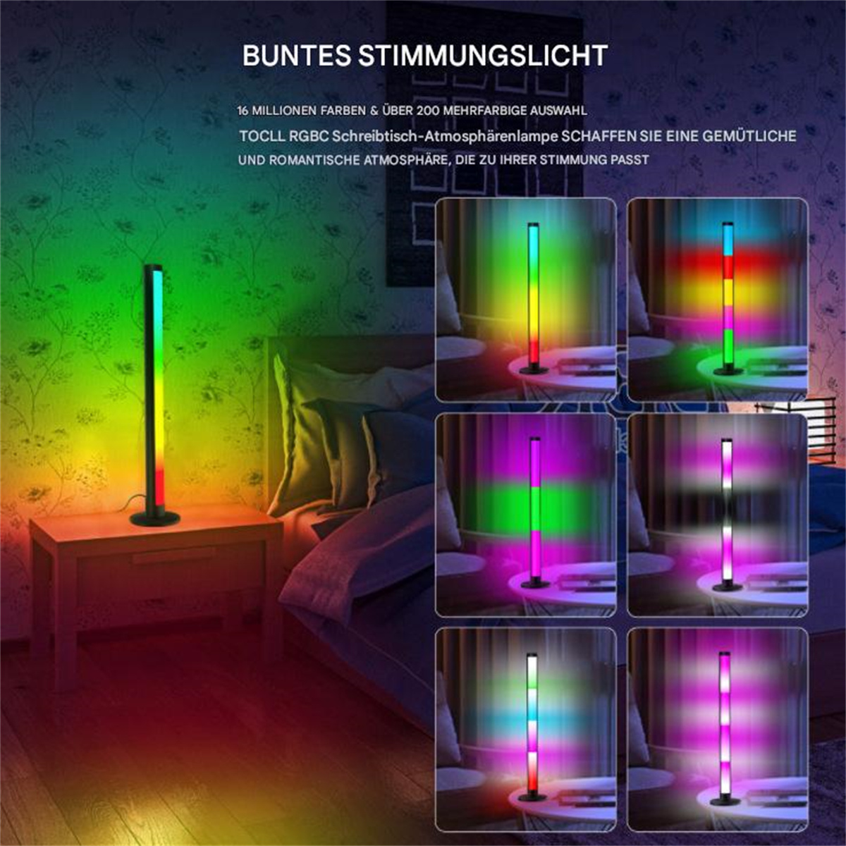 Eine farbenfrohe LED-Lampe mit verschiedenen Lichteinstellungen. Die Lampe steht auf einem Tisch.
