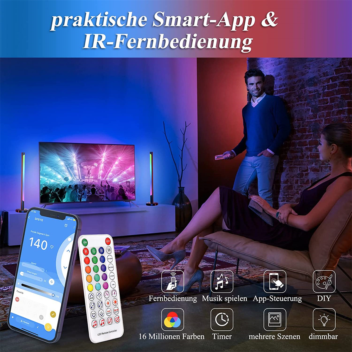 Szene mit TV, Lichtern, Fernbedienung und Frau. Text beschreibt Funktionen.