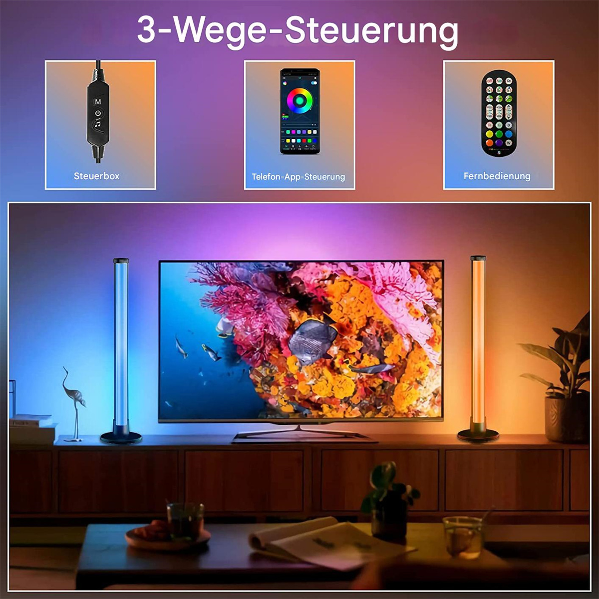 Fernseher mit bunten Lichtern, Steuerung: Box, App, Fernbedienung. Lichter an jeder Seite.