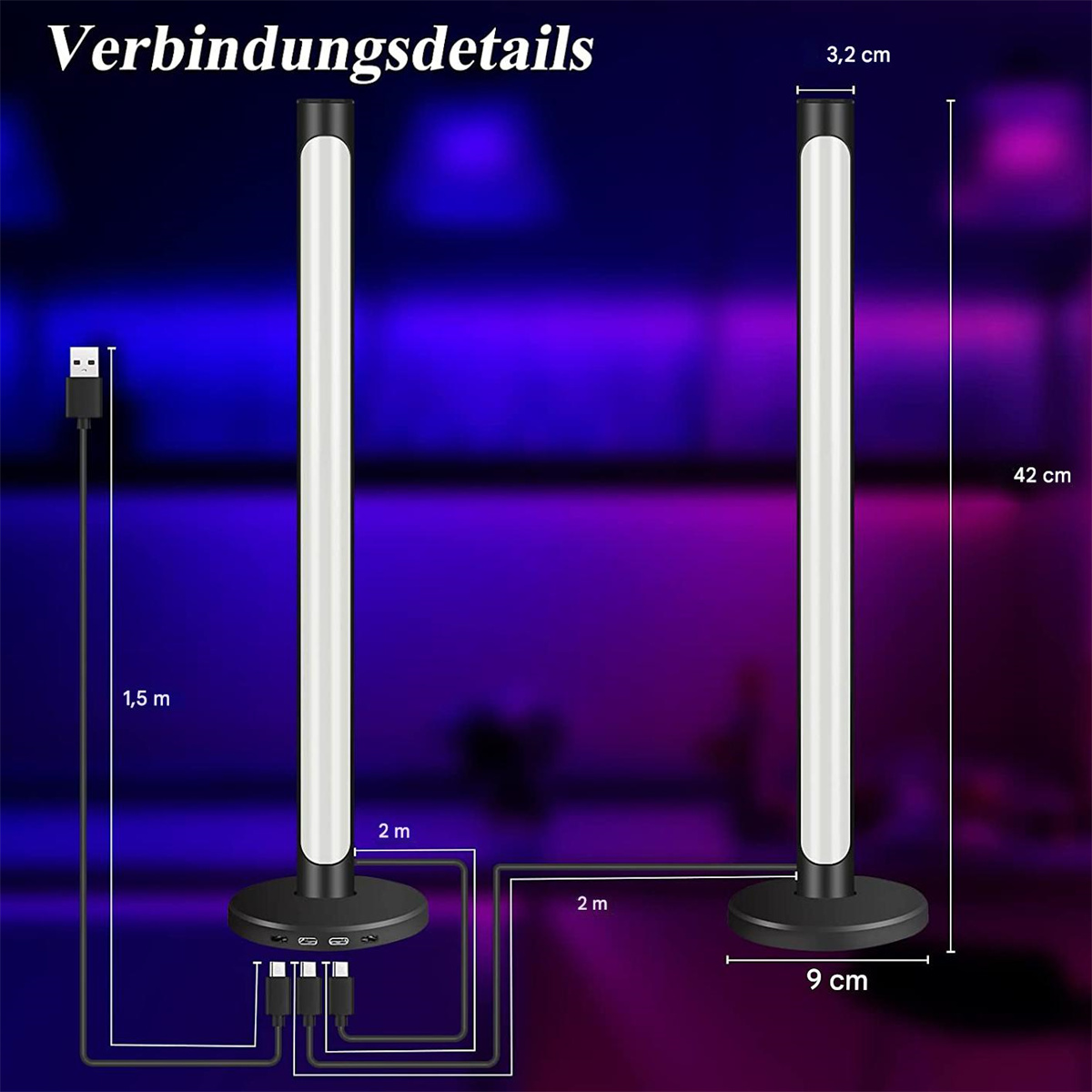 Zwei beleuchtete LED-Lichtleisten mit Sockel, Kabeln und Abmessungen, vor verschwommenem Hintergrund.