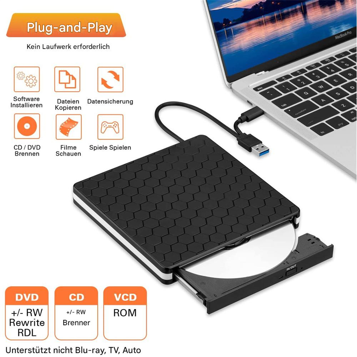 Schwarzer DVD-Player mit weißer Disc. Laptop ist angeschlossen. Text: Plug-and-Play. Weißer Hintergrund.