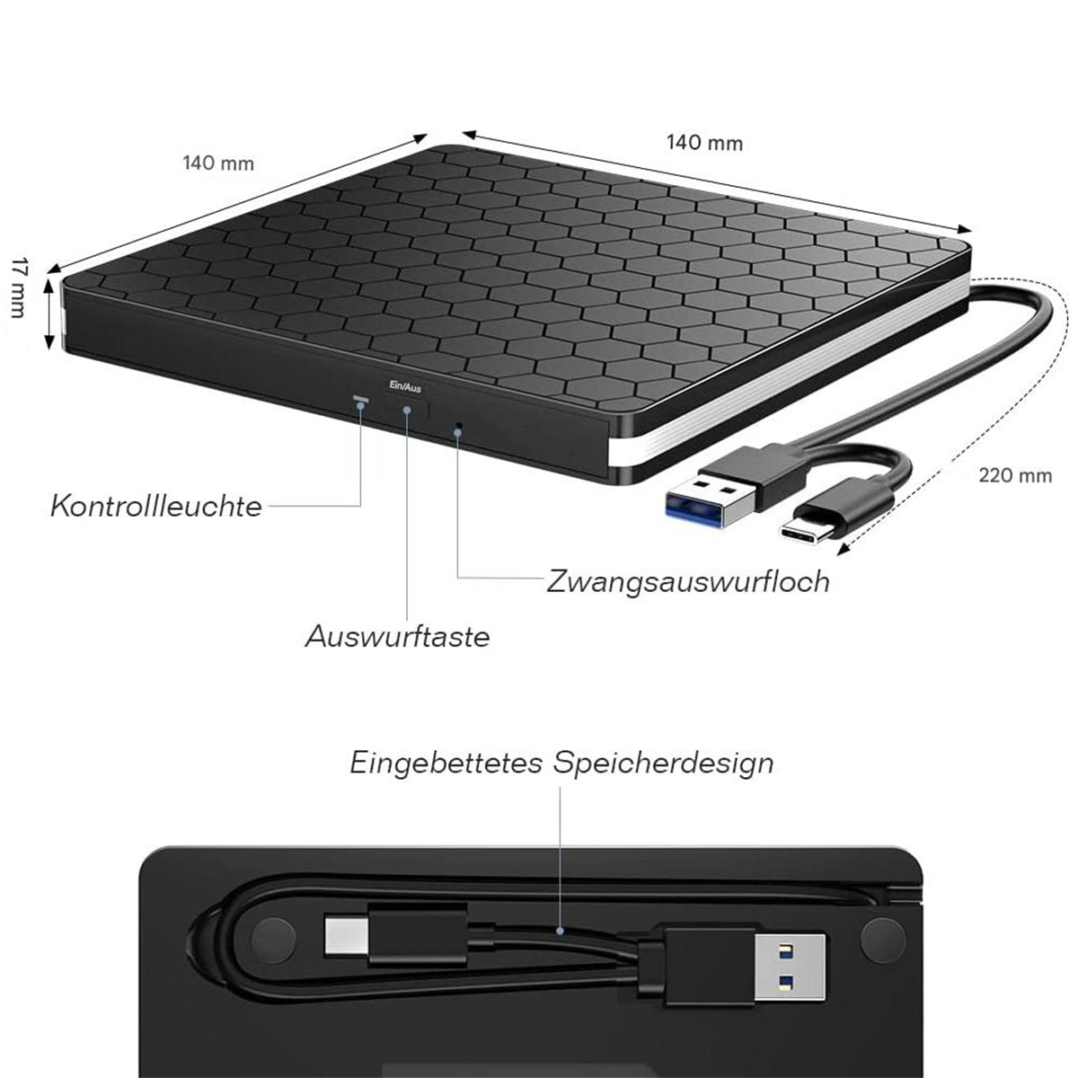 Eine schwarze externe Festplatte mit Abmessungen und Beschriftungen auf Deutsch. Das USB-Kabel ist angeschlossen.