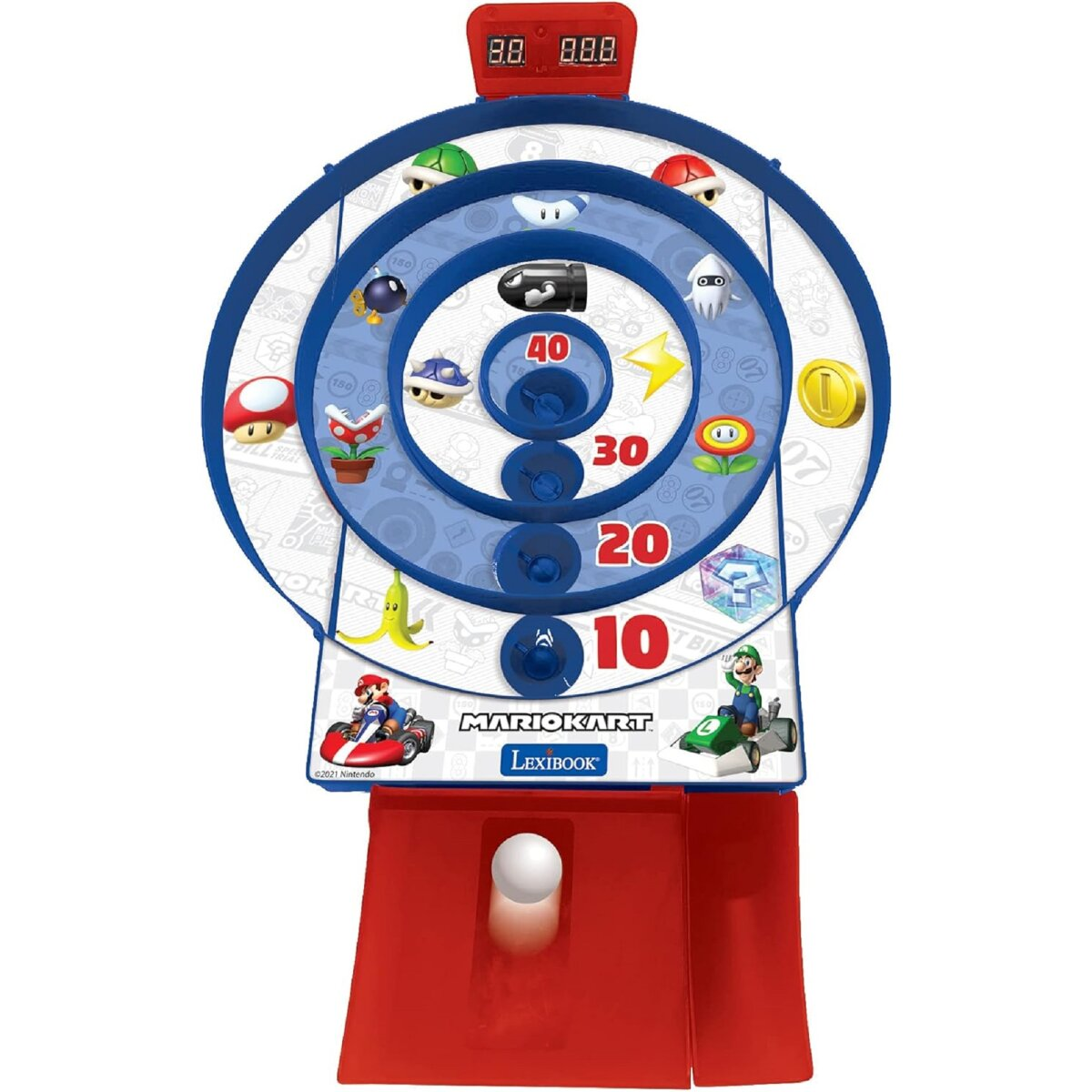 Mario Kart Arcade-Spiel. Zeigt das Spielbrett mit Charakteren, Wertungszonen und einem Ball, der geschossen wird.