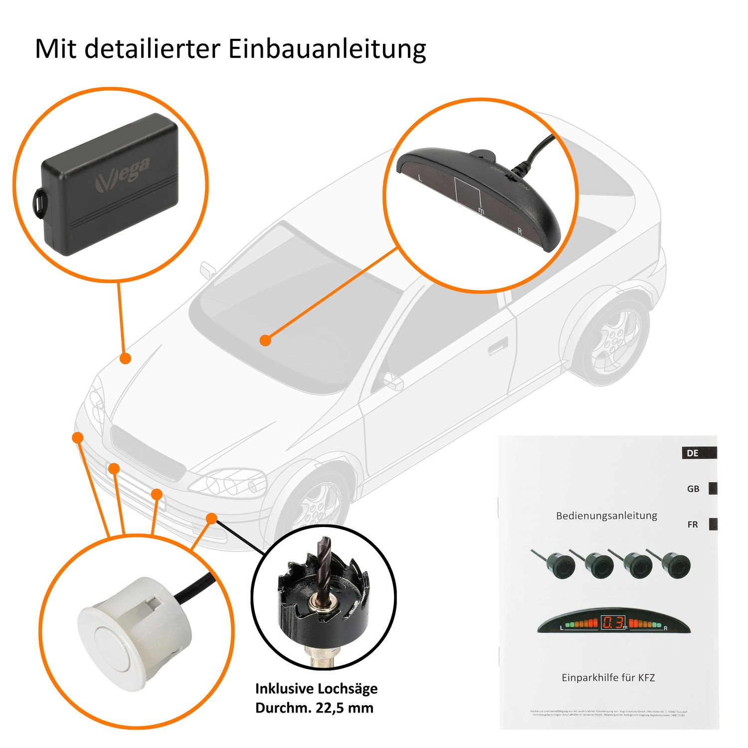 Diagramm eines Autos mit Parksensoren, Werkzeugen und Anweisungen. Weißer Hintergrund.
