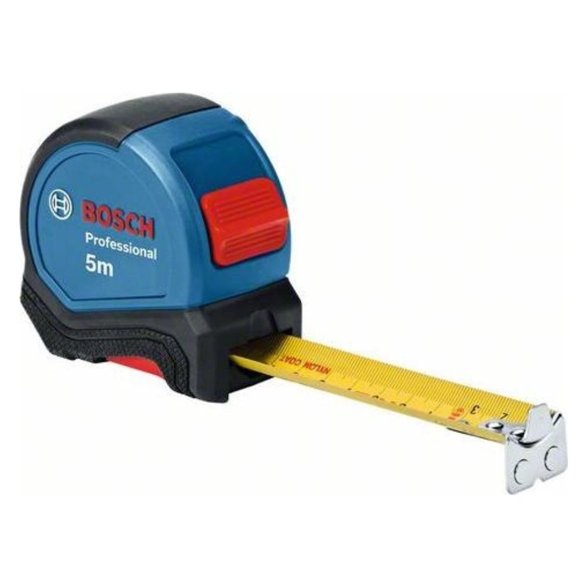 Metro a nastro professionale Bosch 5m blu e nero con nastro estensibile giallo.