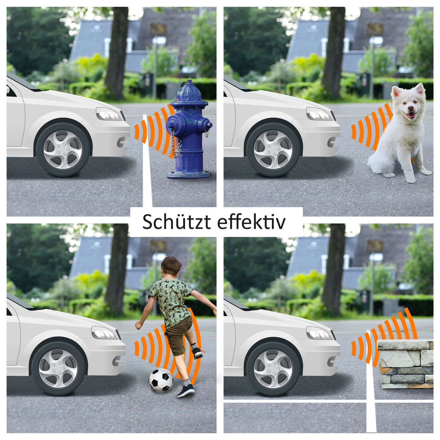 Ein Auto neben einem Hydranten, Hund und Kind, das einen Fußball tritt. Text: 'Schützt effektiv'.