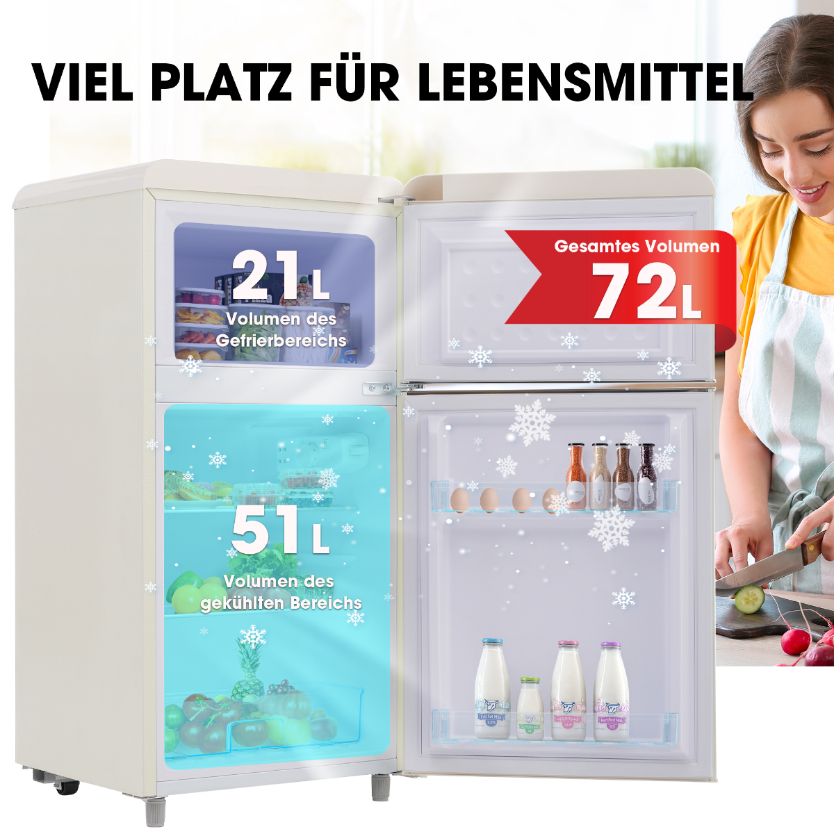 Ein Kühlschrank mit geöffneten Türen. Sichtbar: 21L im Gefrierfach, 51L im Kühlschrank. Gesamtvolumen 72L.