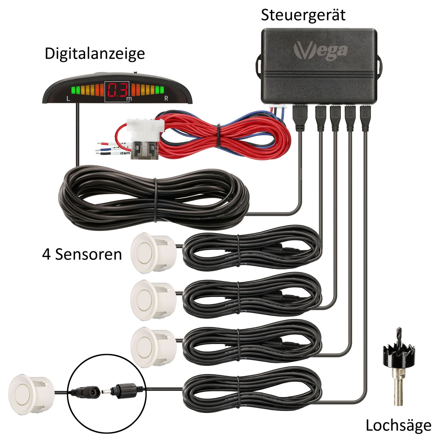 Eine Anordnung aus Digitalanzeige, Sensoren und einer Steuereinheit für ein Parkassistenzsystem.