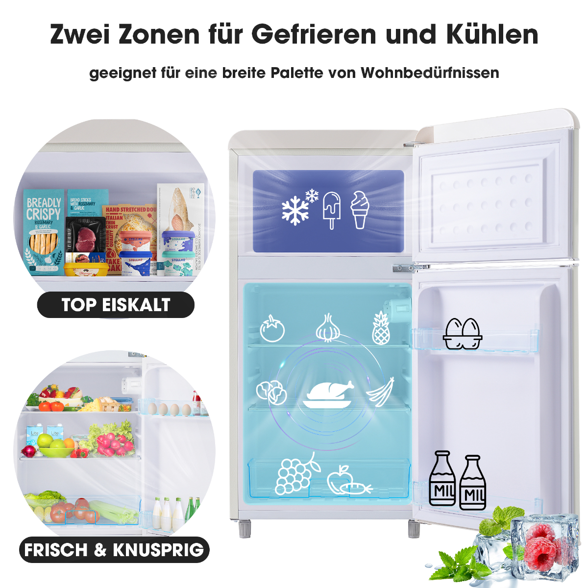 Ein weißer Kühlschrank mit offenen Türen, der Lebensmittel zeigt. Text auf Deutsch ist auf dem Kühlschrank.