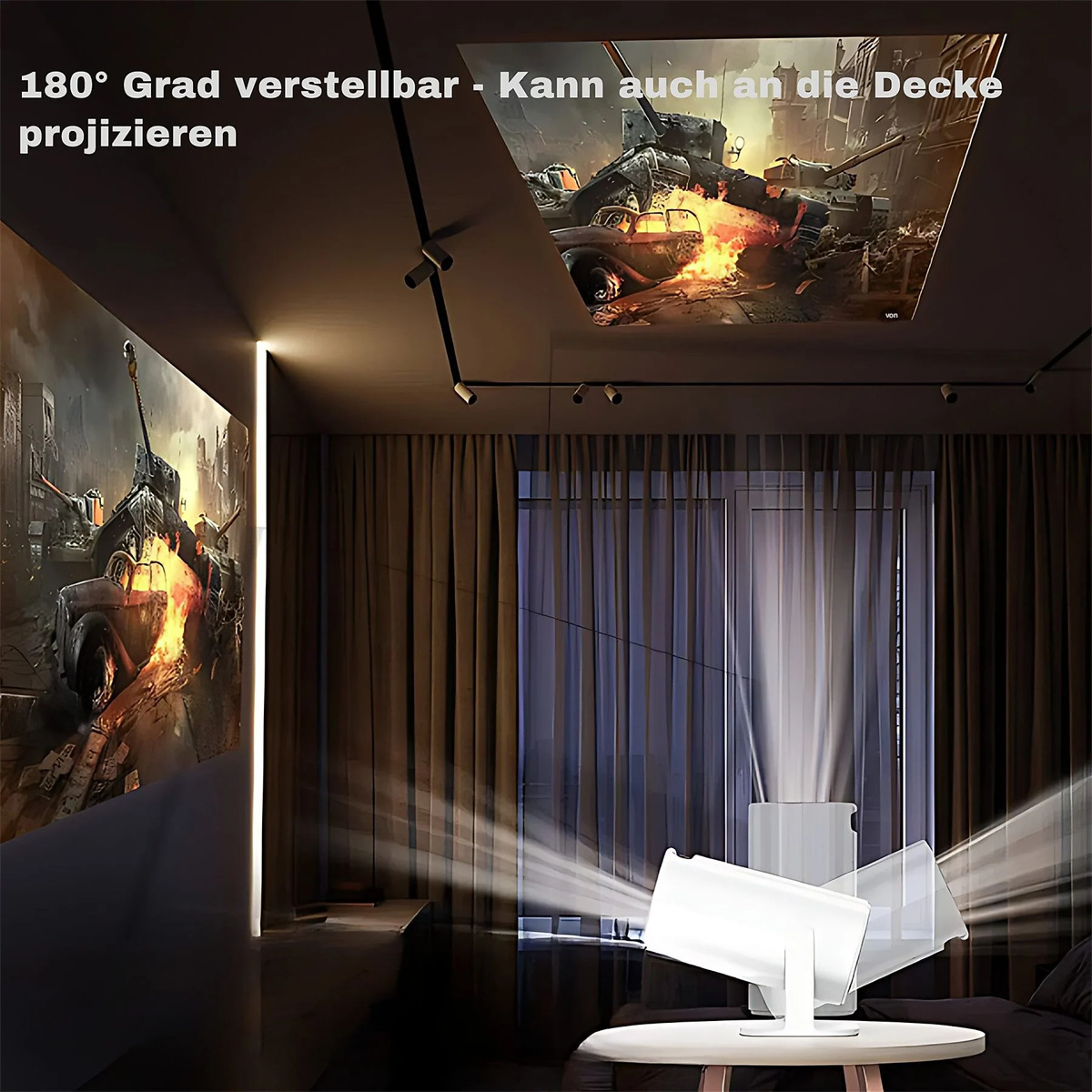 Ein weißer Projektor projiziert ein Bild an Wand und Decke. Dunkler Raum, Scheinwerfer und ein Sofa.