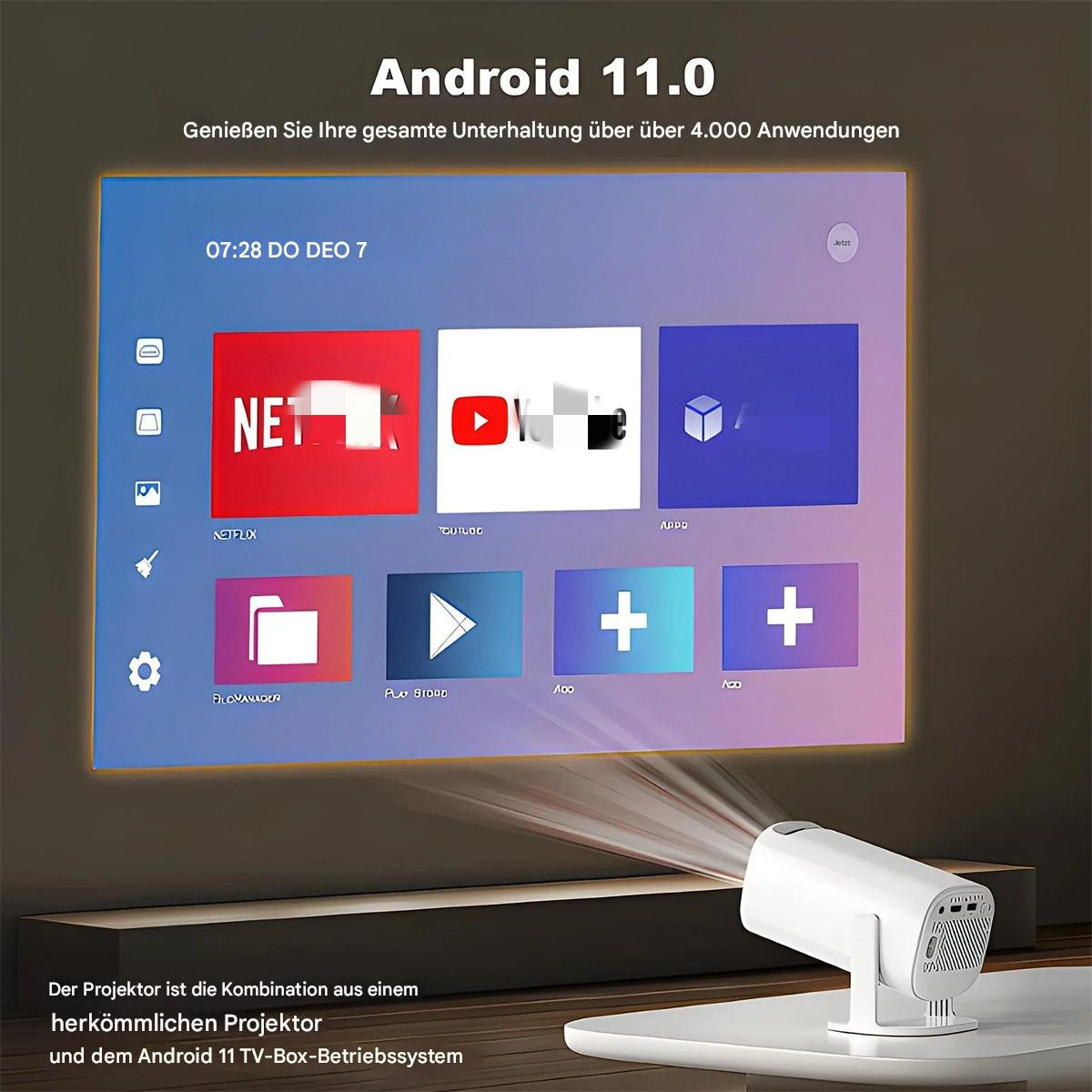 Ein Projektor zeigt eine Oberfläche mit App-Symbolen auf einem Bildschirm an. Unter dem Bildschirm steht ein weißer Projektor.