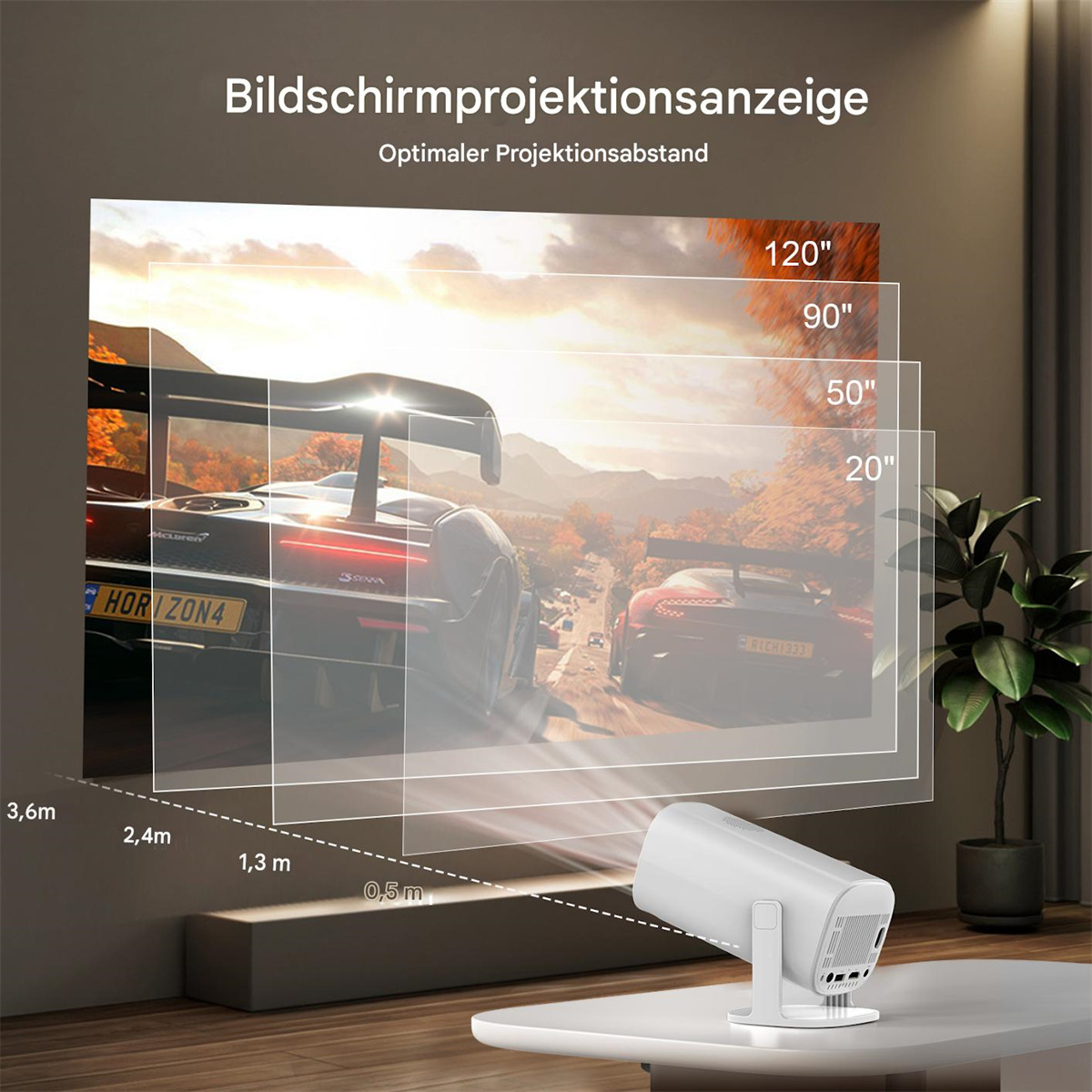 Ein Projektor auf einem Tisch mit einem Bildschirm, der ein Autorennen-Spiel mit Größenreferenzen zeigt.