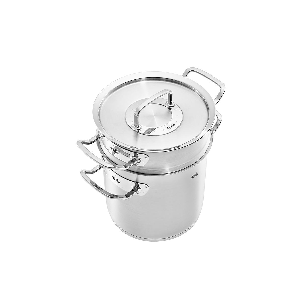 Set di pentole in acciaio inox con coperchio. È su sfondo bianco.