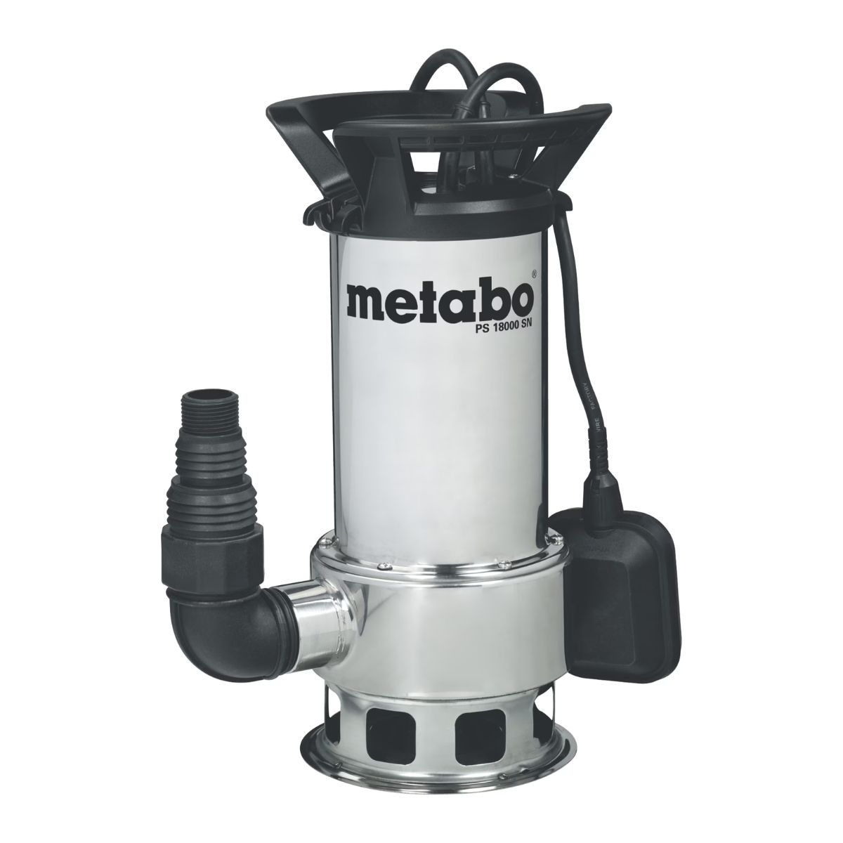Eine metallisch silberne und schwarze Wasserpumpe mit Griff und angeschlossenem schwarzen Schlauch.