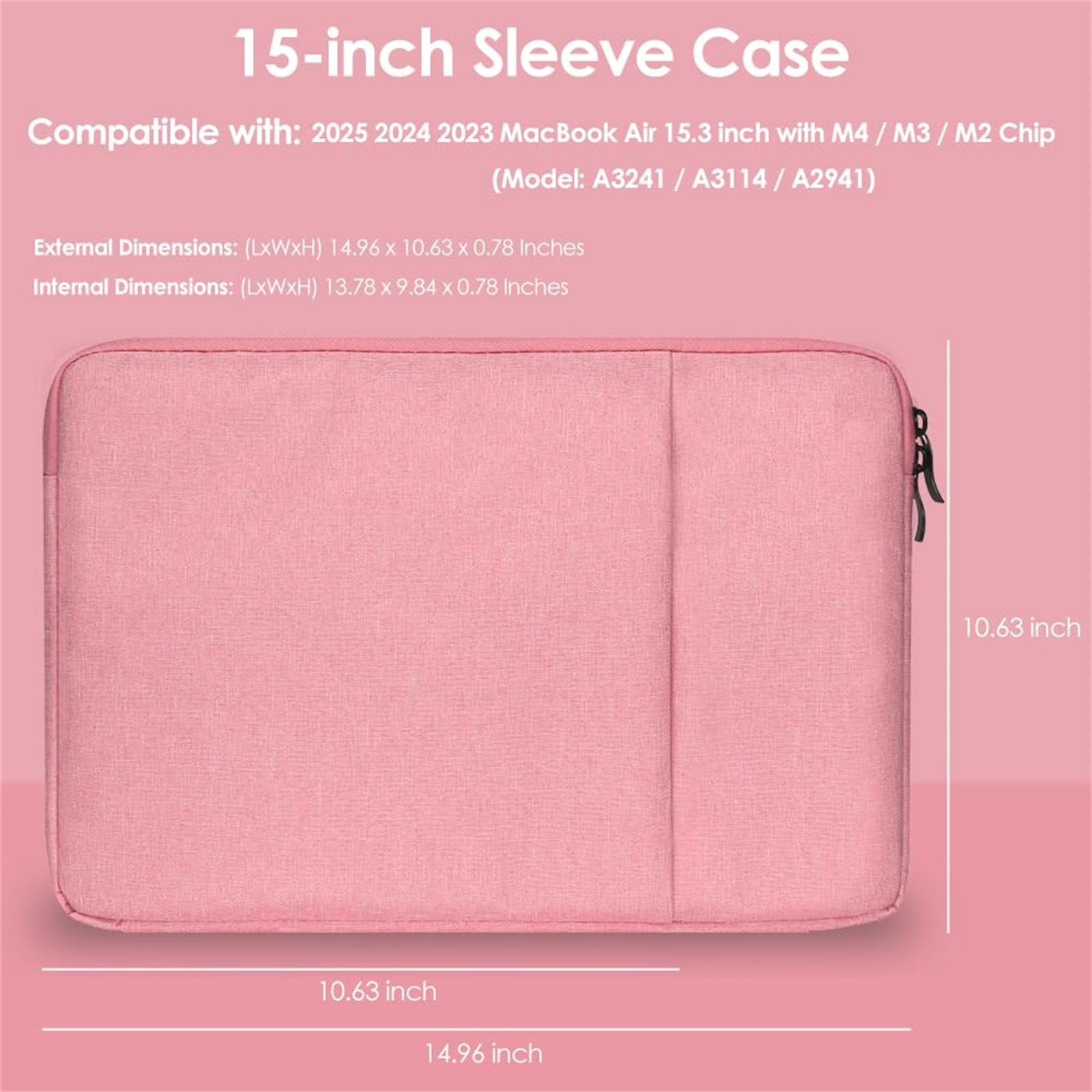 Rosa 15-Zoll-Hüllenetui. Abmessungen sind 14,96 x 10,63 x 0,78 Zoll. Text und Maße gezeigt.
