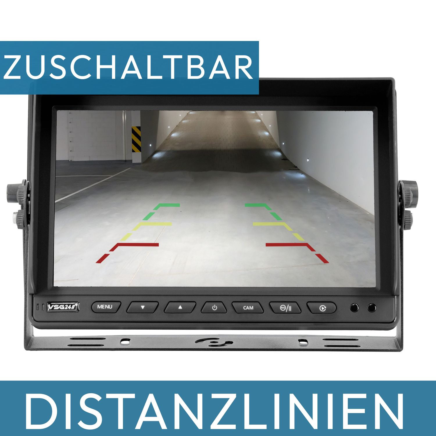 Ein Bildschirm im Auto, der einen Parkplatz und grüne/rote Abstandslinien zeigt.