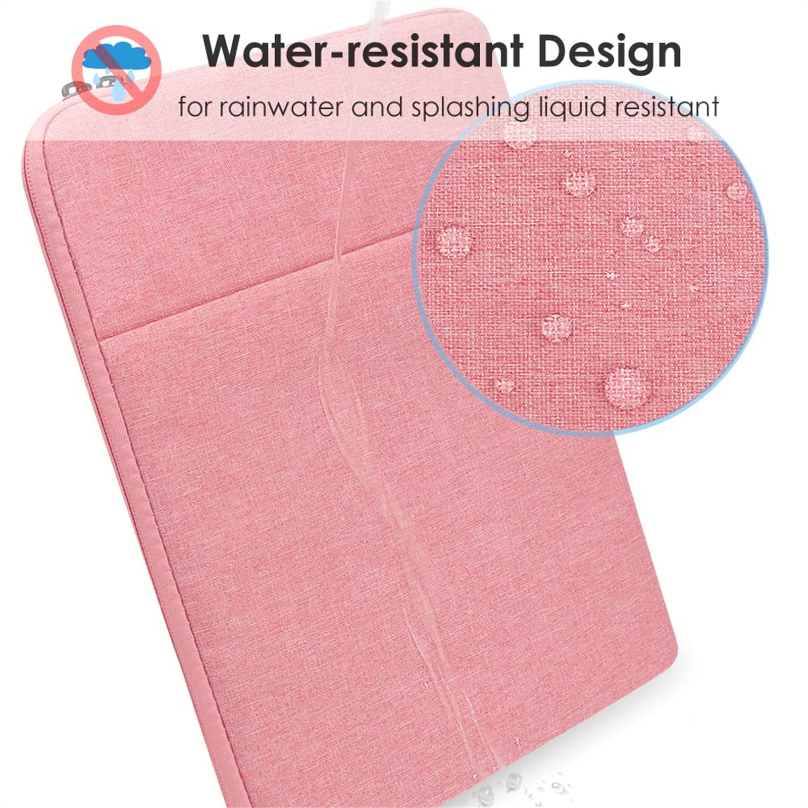 Eine rosa Laptop-Hülle mit wasserdichtem Design. Wassertropfen sind in einer Nahaufnahme sichtbar.