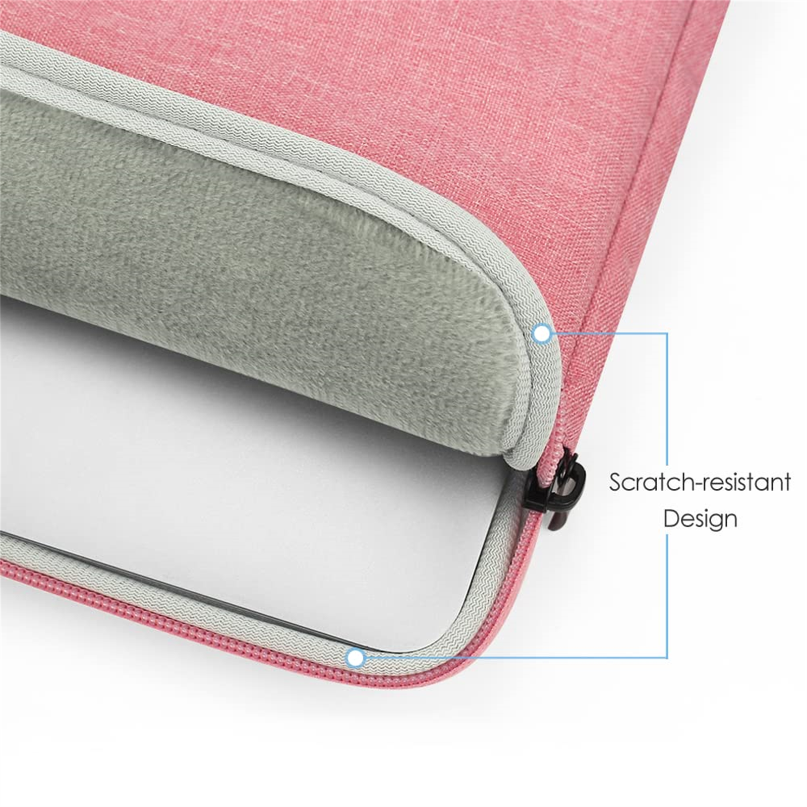 Eine rosa Laptop-Hülle mit grauem Filzinnenraum und Reißverschluss. Text: Kratzfestes Design.