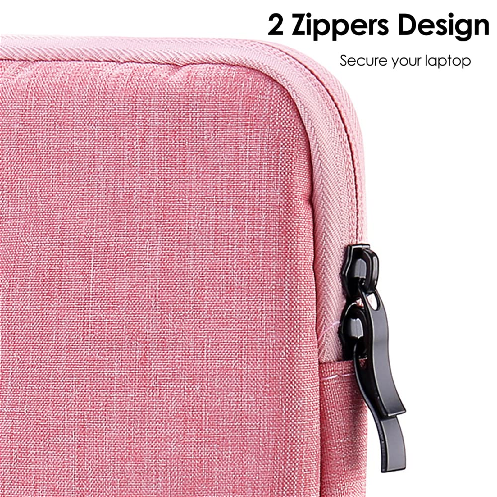 Eine rosa Laptoptasche mit einem schwarzen Reißverschluss und Nahaufnahme des Reißverschlussziehers.