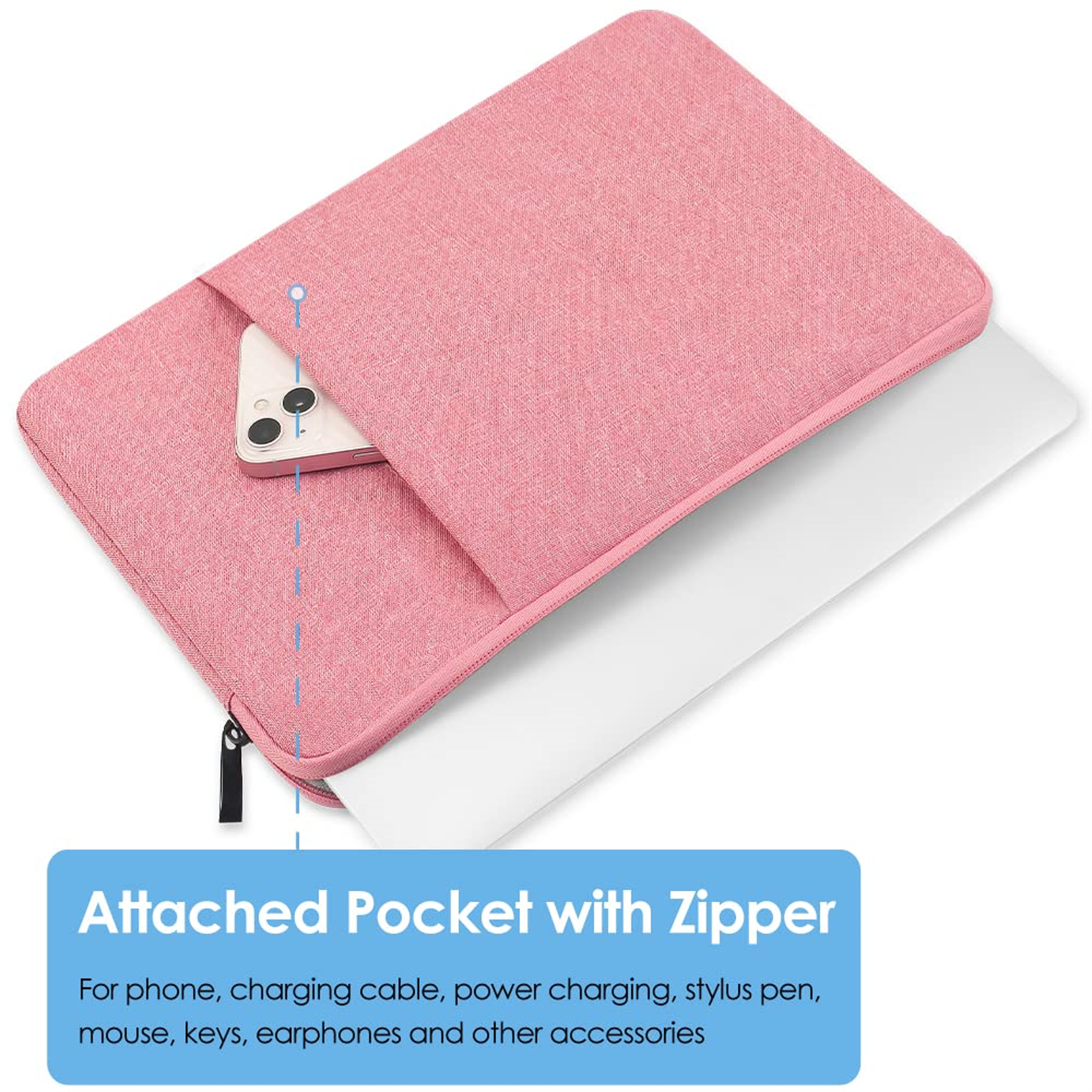 Rosa Stoffhülle für Laptop und Telefon. Sie hat eine Tasche mit Reißverschluss für Zubehör.