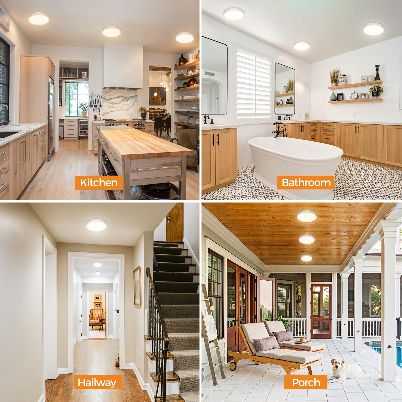 Vier Bilder von Räumen mit Deckenleuchten: Küche, Badezimmer, Flur und Veranda.