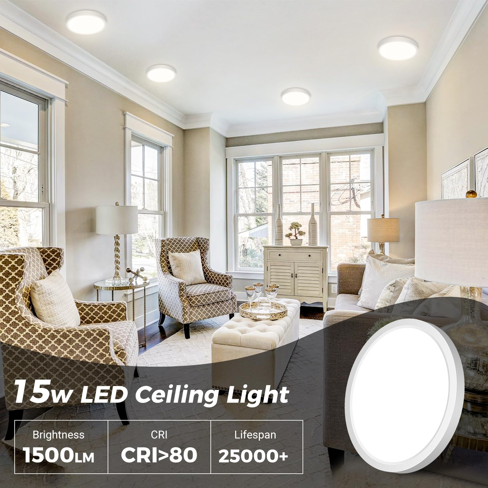 Wohnzimmer mit 15W LED-Deckenleuchten. Fenster, Möbel sichtbar. Lichter hell.