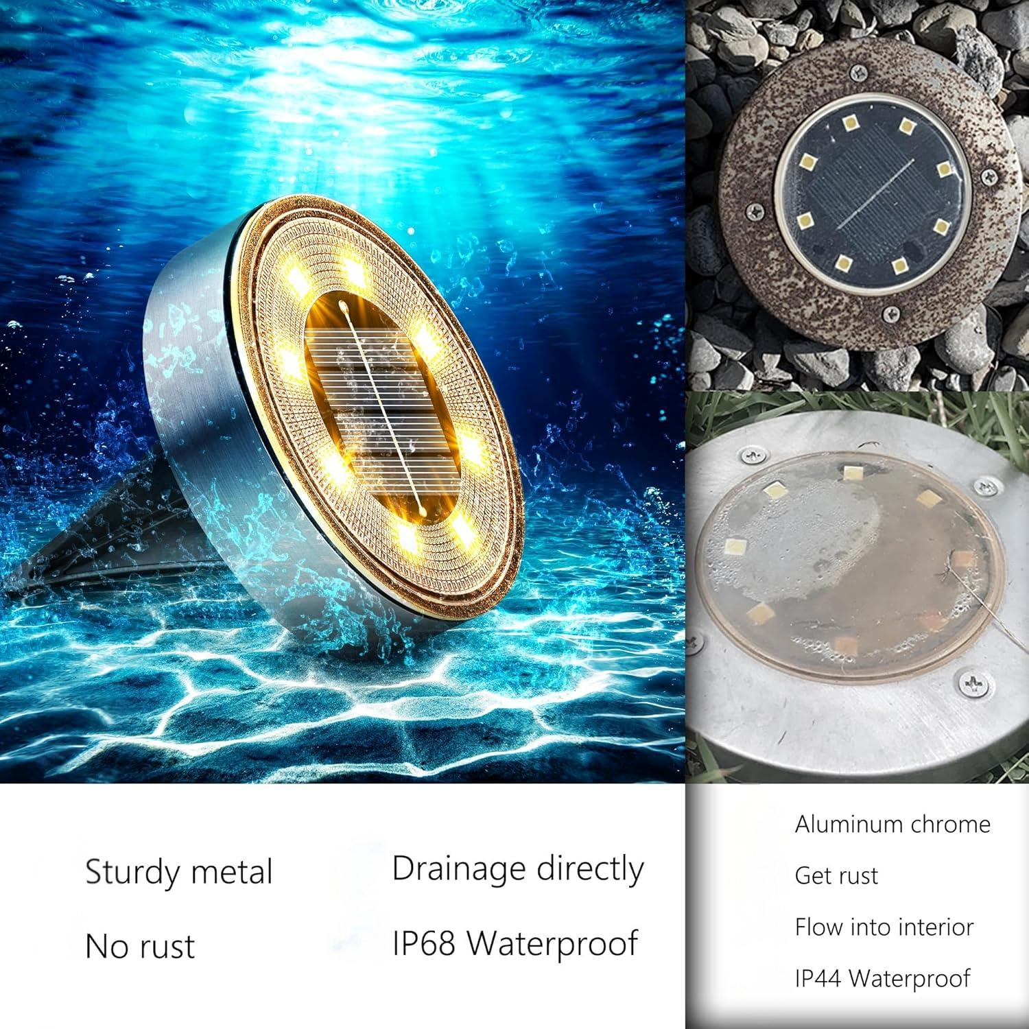 Solarbetriebene Lichter unter Wasser und über der Erde mit Text: robustes Metall, Drainage, kein Rost.