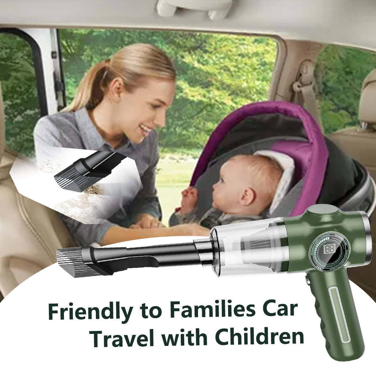 Eine Frau lächelt ein Baby in einem Autositz an. Ein Staubsauger wird gezeigt.