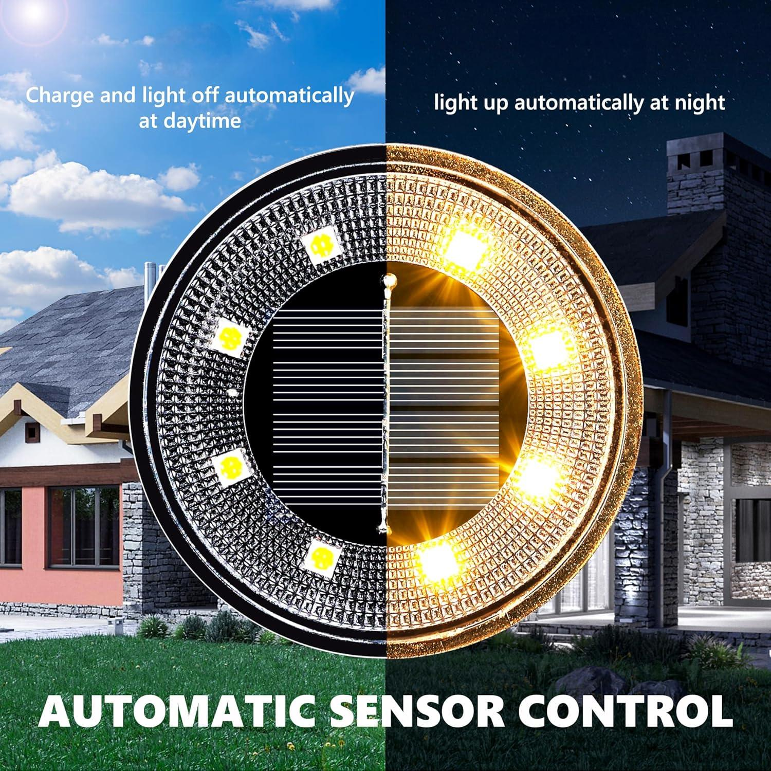 Solarlicht. Eine Hälfte Tag mit Sonne, die andere Nacht, beleuchtet. Text: Automatische Sensorsteuerung.