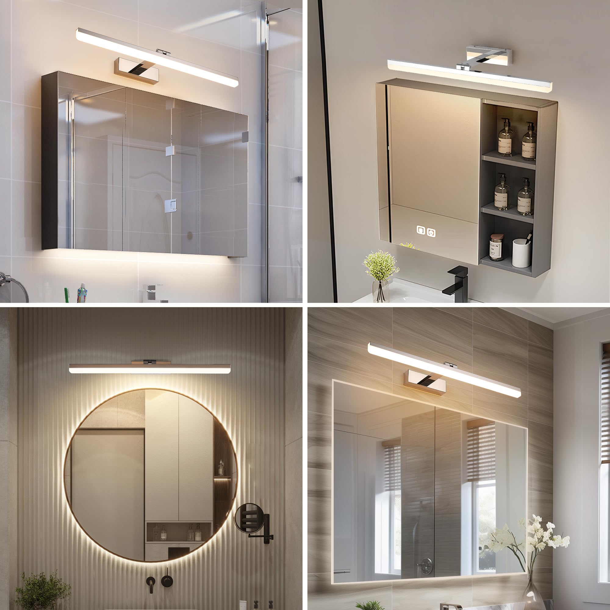 Badspiegel mit Lichtern. Verschiedene Stile und Einstellungen. Weißes und graues Farbschema. Modernes Design.