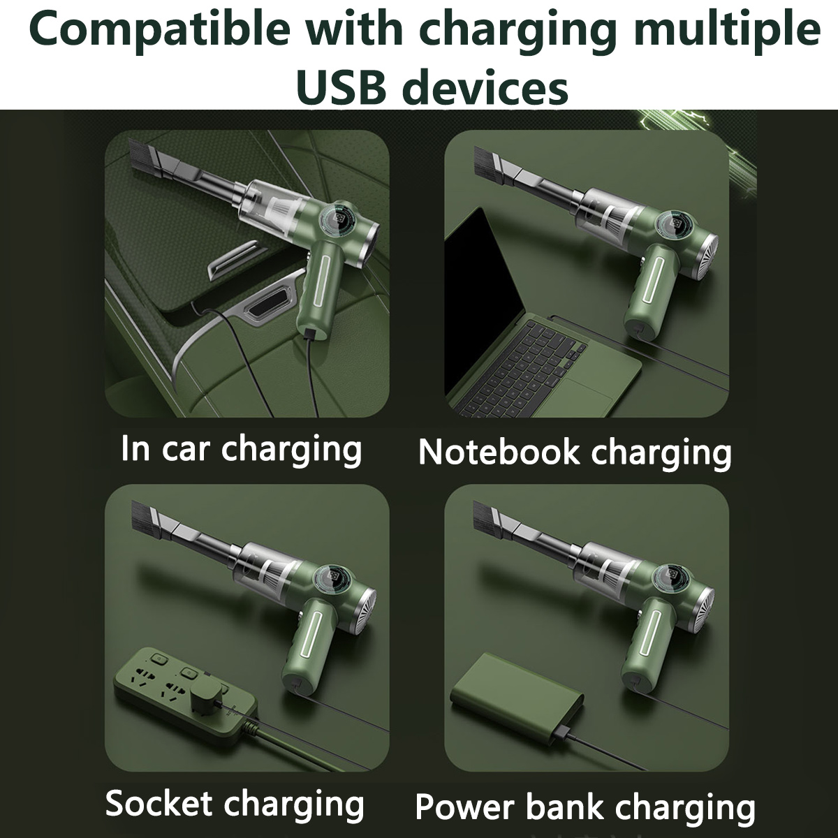 Vier Bilder eines grünen Staubsaugers, die das Aufladen in einem Auto, einer Steckdose, einem Laptop und einer Powerbank zeigen.