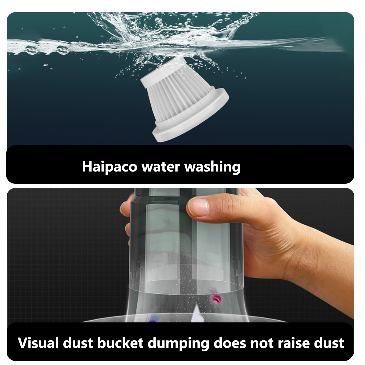 Zwei Bilder: Ein Filter im Wasser und eine Hand, die Staub aus einem Staubsauger entleert.