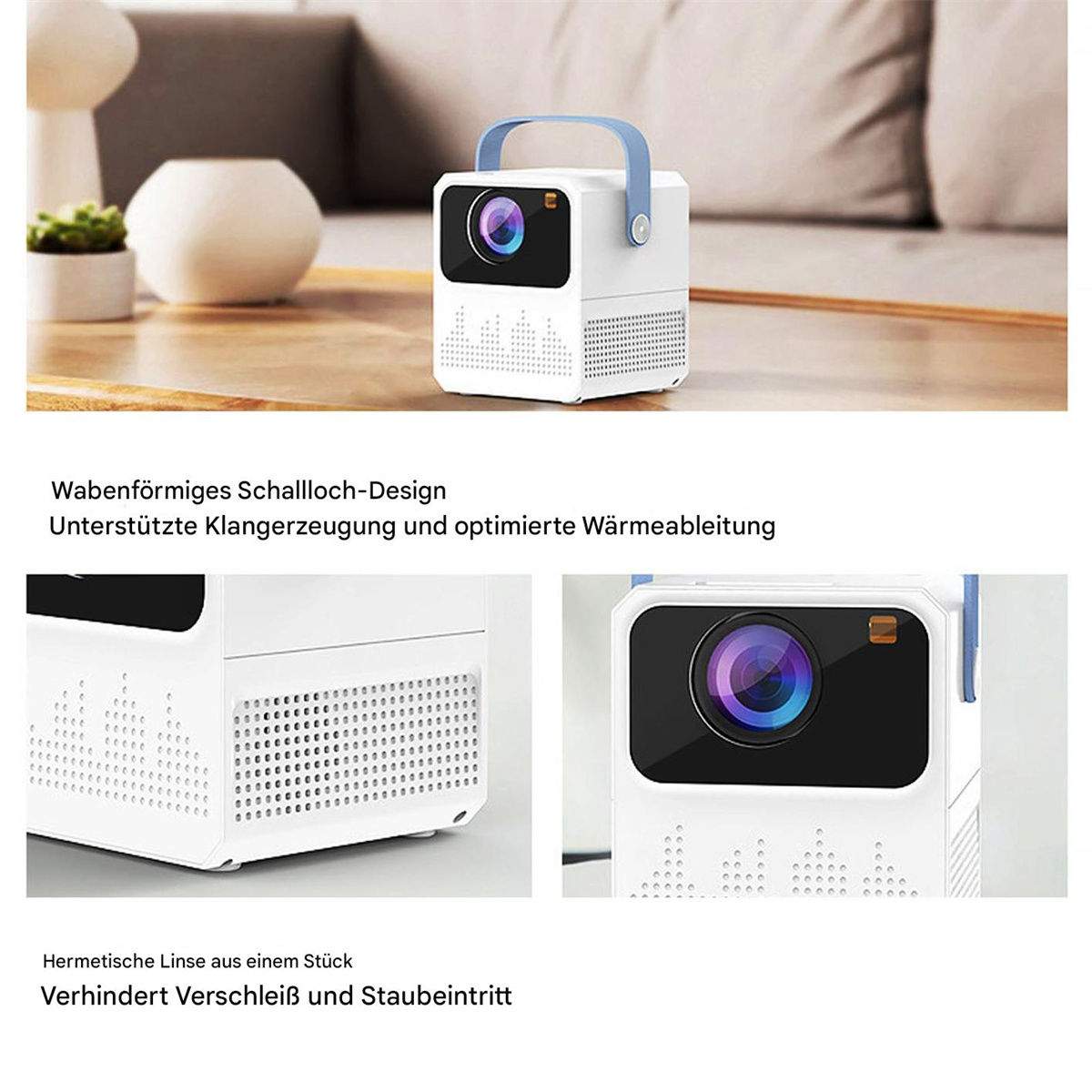 Weißer Projektor mit blauem Griff. Zeigt Nahaufnahmen von Details und Beschriftungen.