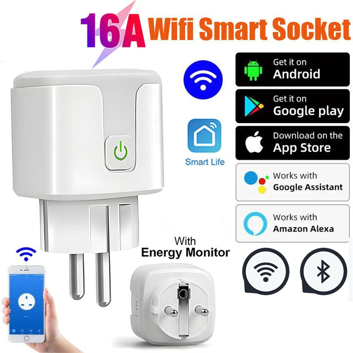 Weißer Smart-Stecker mit Ein/Aus-Taste und Telefon mit WLAN-Logo. Android- und Apple-App-Symbole.