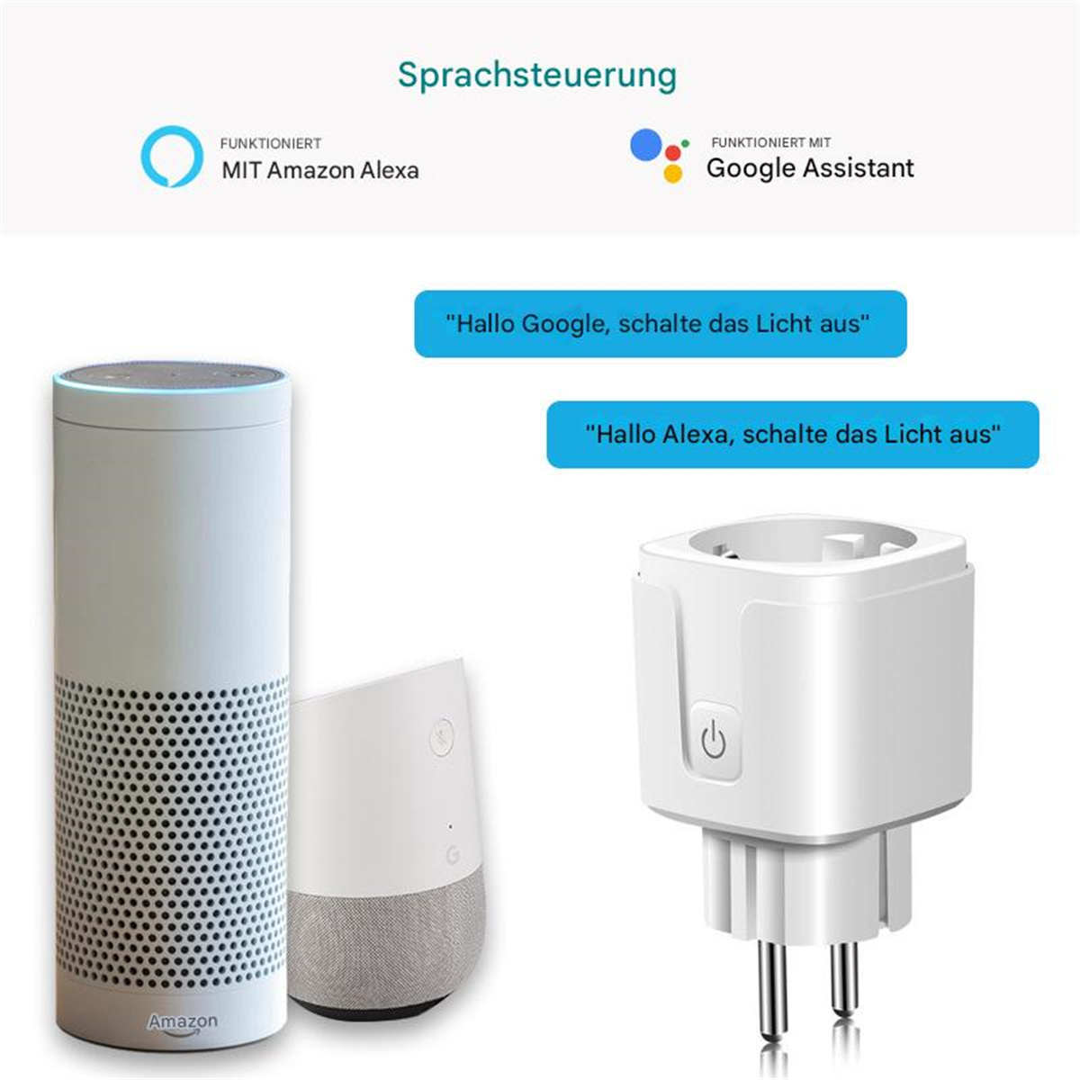Smart-Home-Geräte: Amazon Echo, Google Nest und ein Smart-Plug. Sprachsteuerungsfunktion.