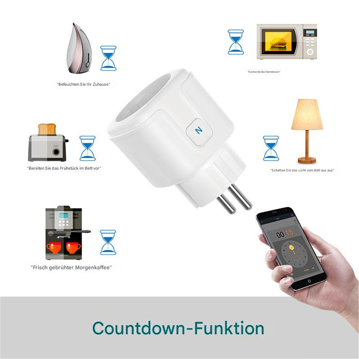 Intelligenter Stecker mit Timerfunktion. Enthält Telefon, Kaffeemaschine, Toaster, Mikrowelle und Diffusor.