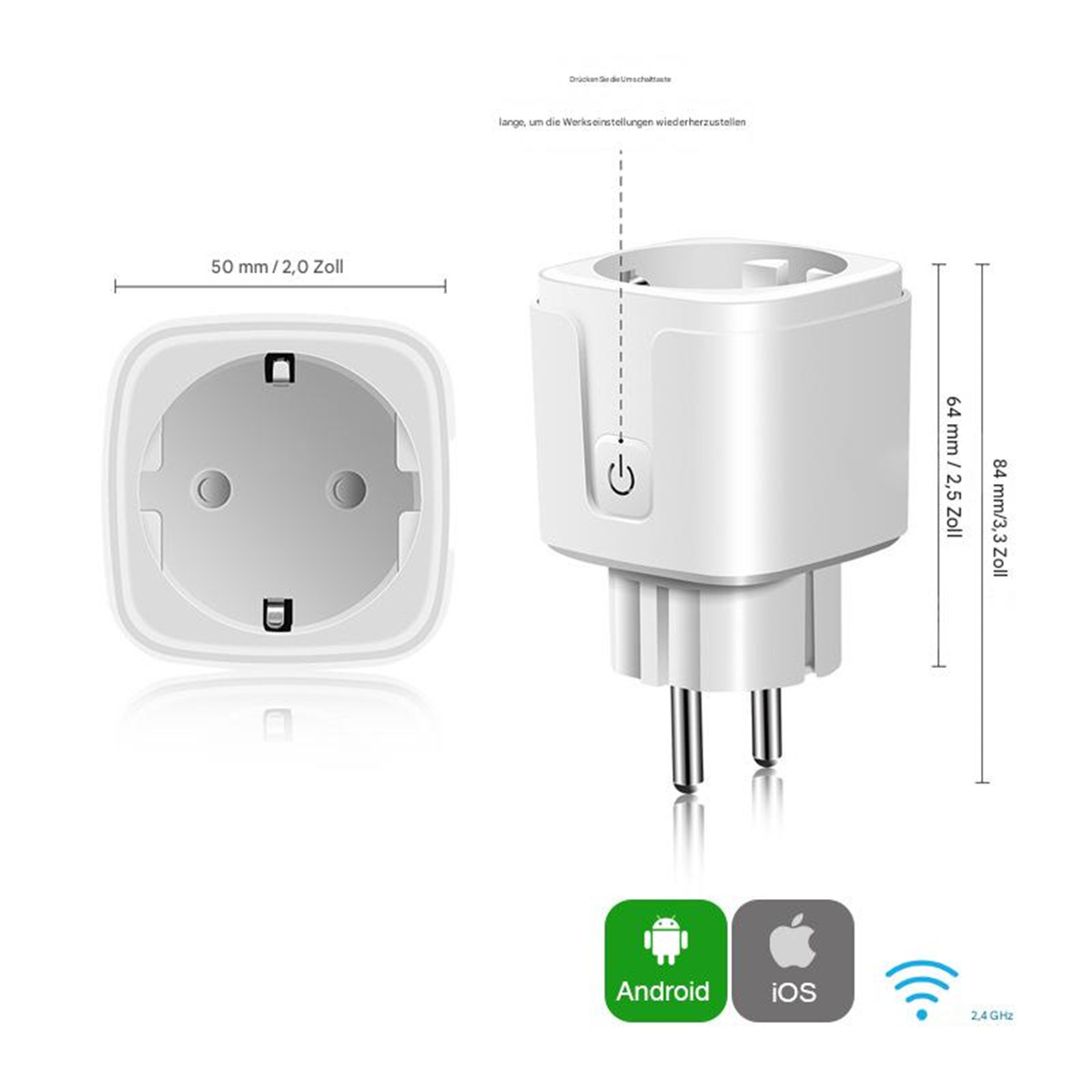 Weißer Smart-Stecker mit Abmessungen, Ein-/Aus-Taste und Android/iOS-Symbolen.