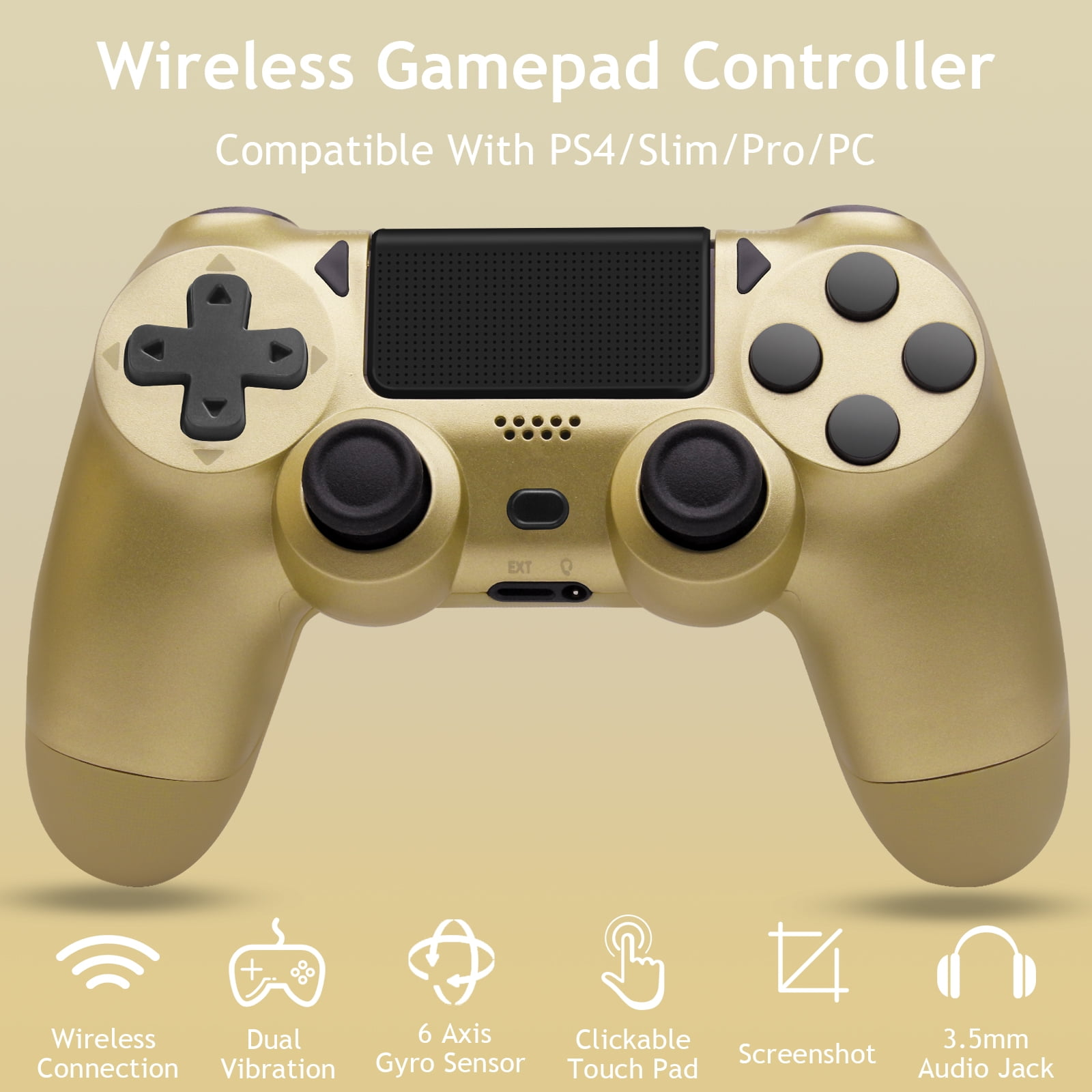 Goldener kabelloser Gamepad-Controller. Schwarze Knöpfe und Details. Weißer Hintergrund. Text: Kabelloser Gamepad-Controller.