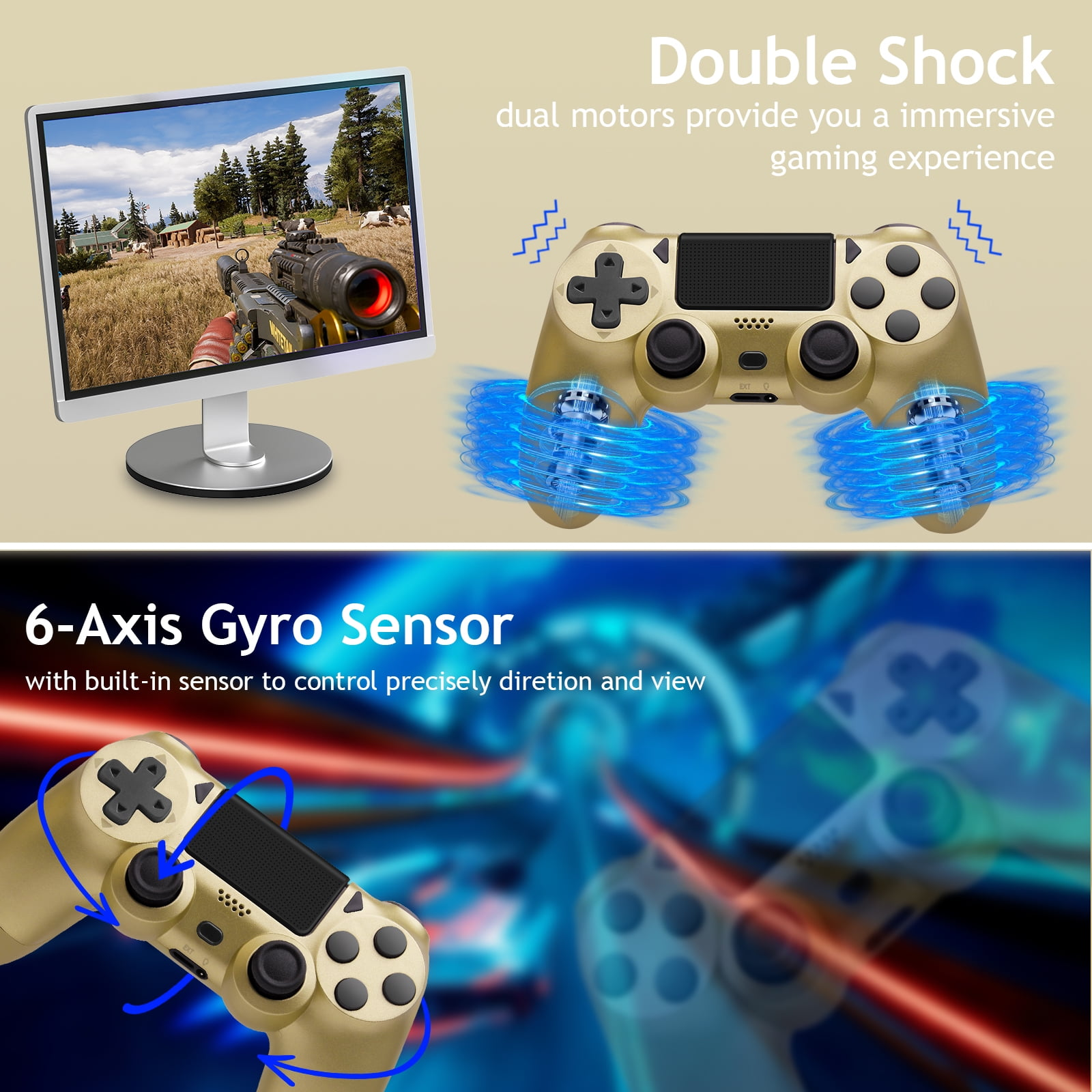 Ein Gaming-Setup mit Monitor, Controller und Text über Funktionen. Goldener Controller mit Blau-Effekt.