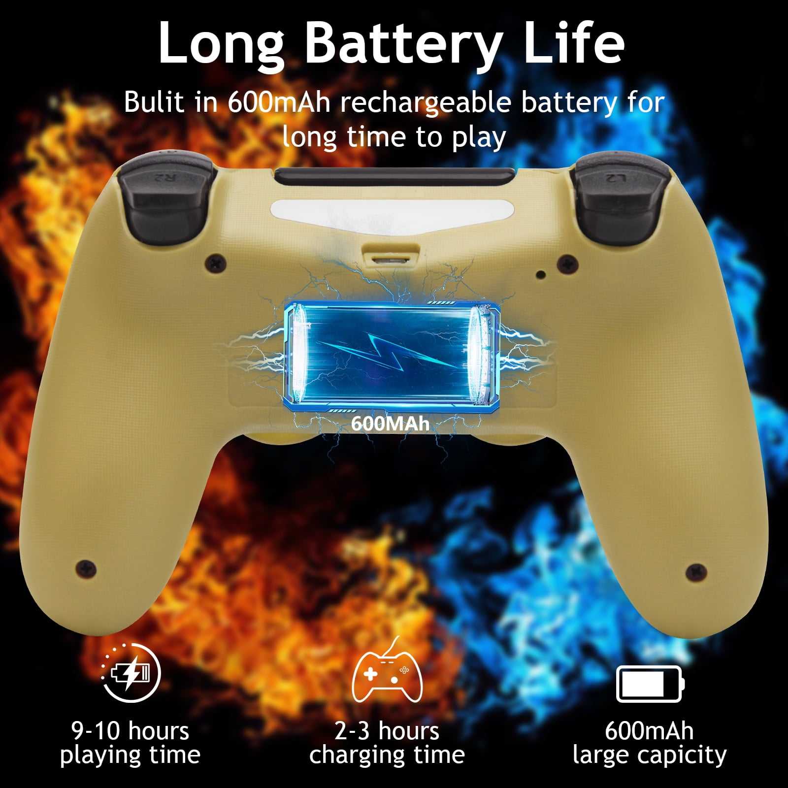 Gelber Gamecontroller mit Text über Akkulaufzeit und Ladezeit. Flammen und Funken im Hintergrund.