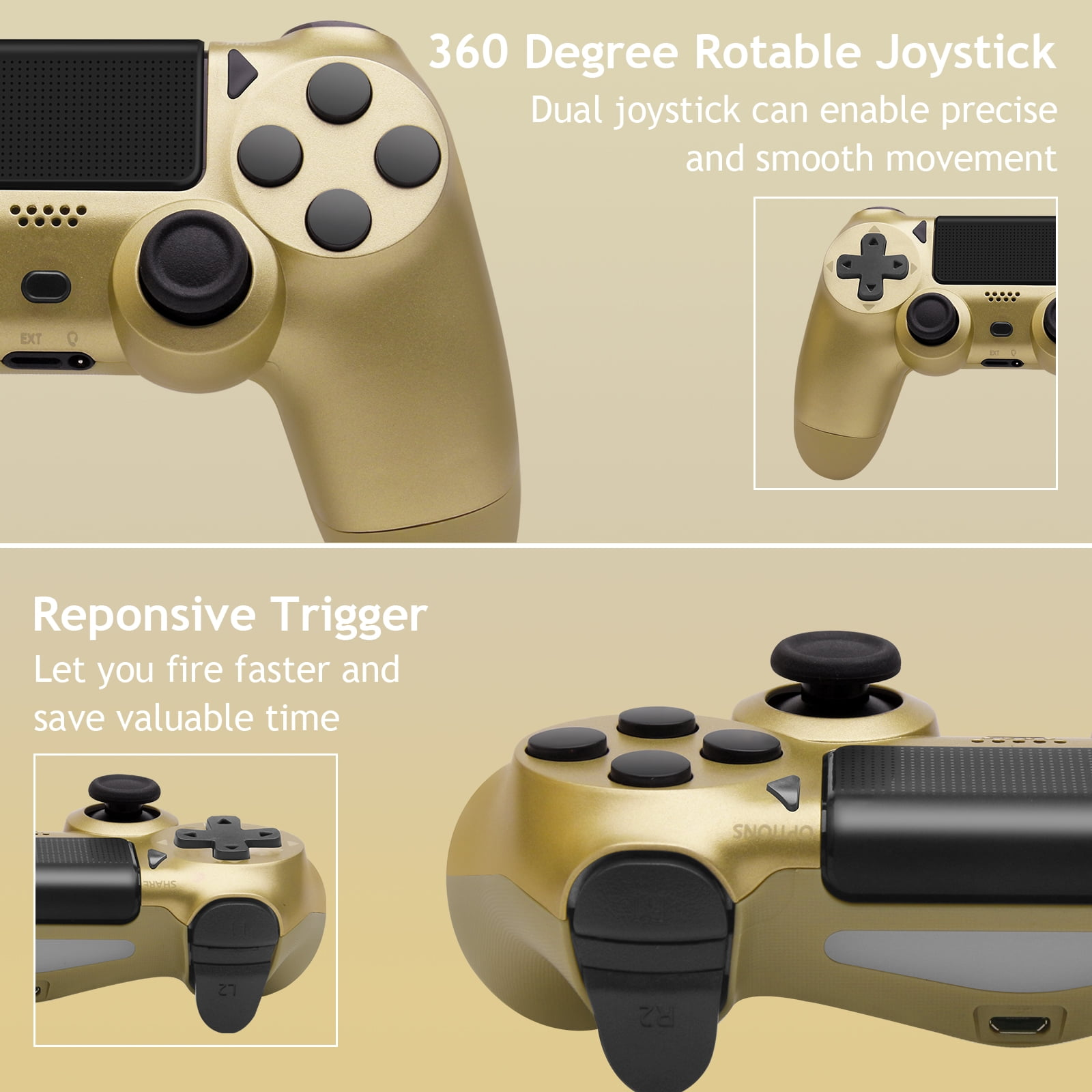 Goldfarbener Gamecontroller mit Nahaufnahmen von Knöpfen und Joysticks, vor neutralem Hintergrund.
