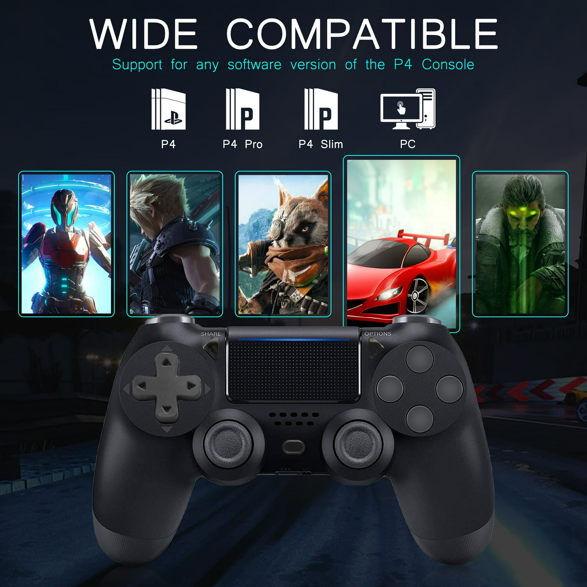 Ein schwarzer Gamecontroller mit verschiedenen Spielekonsolenlogos und Spielbildern.