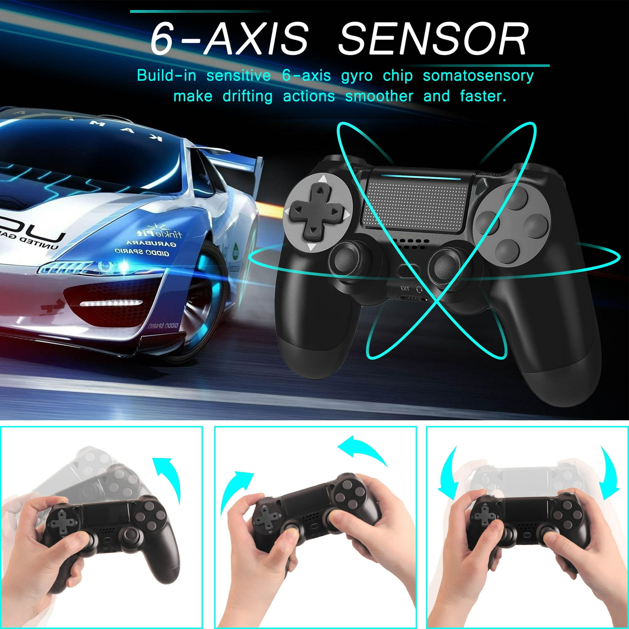 Gaming-Controller mit 6-Achsen-Sensor. Hände zeigen die Verwendung und Drifting-Aktionen.