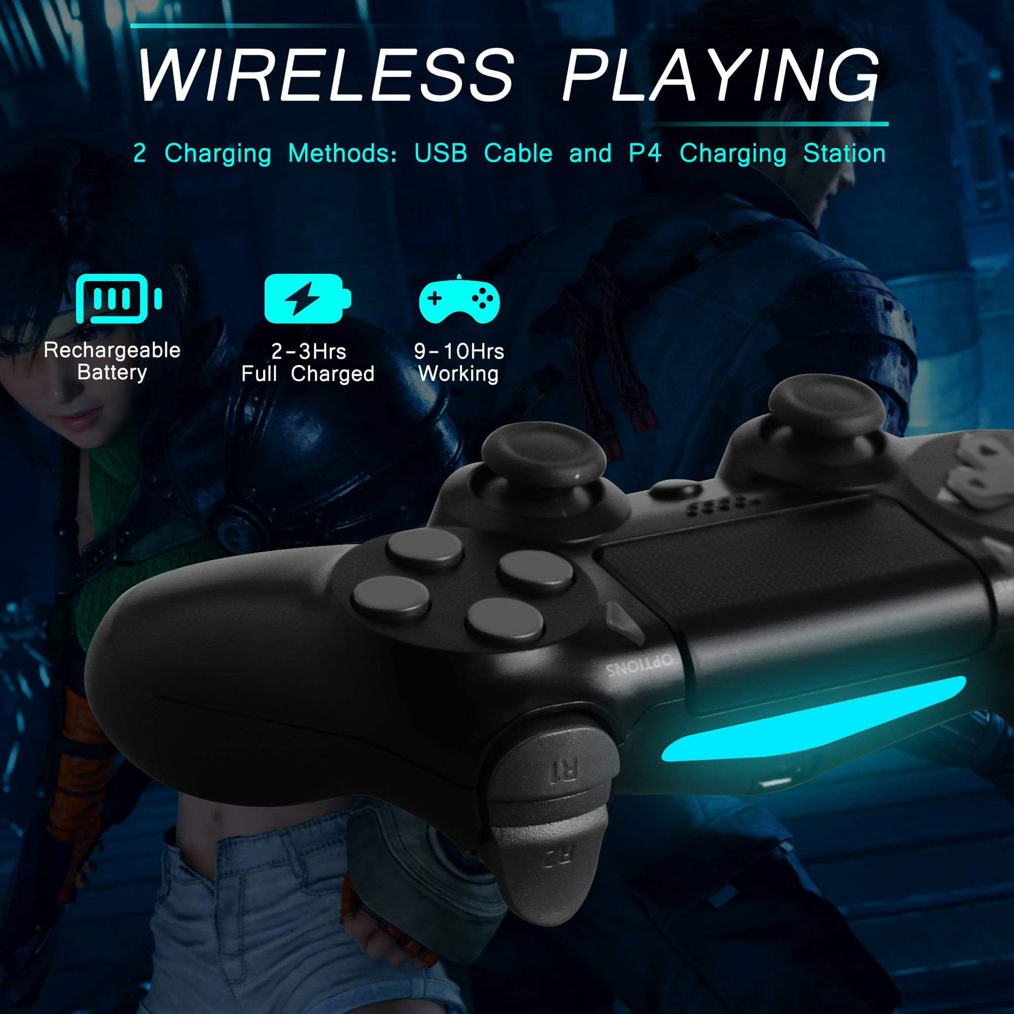 Schwarzer kabelloser Controller mit Tasten und Text über kabelloses Spielen und Aufladen.