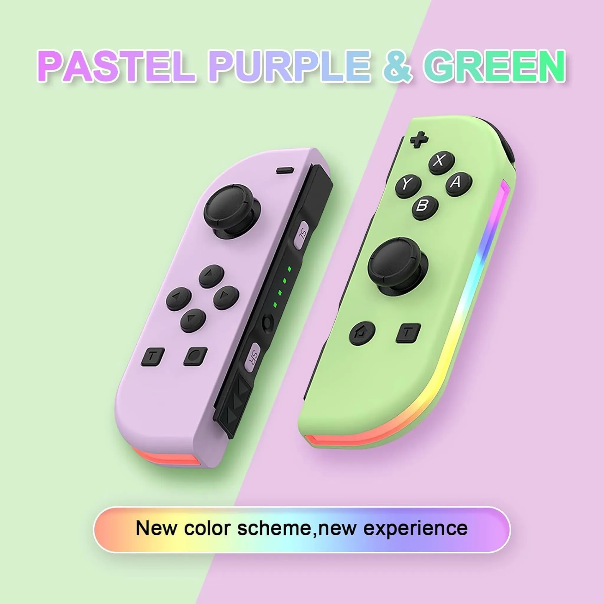 Zwei pastellfarbene lila und grüne Spielcontroller. Text: Neues Farbschema, neue Erfahrung.