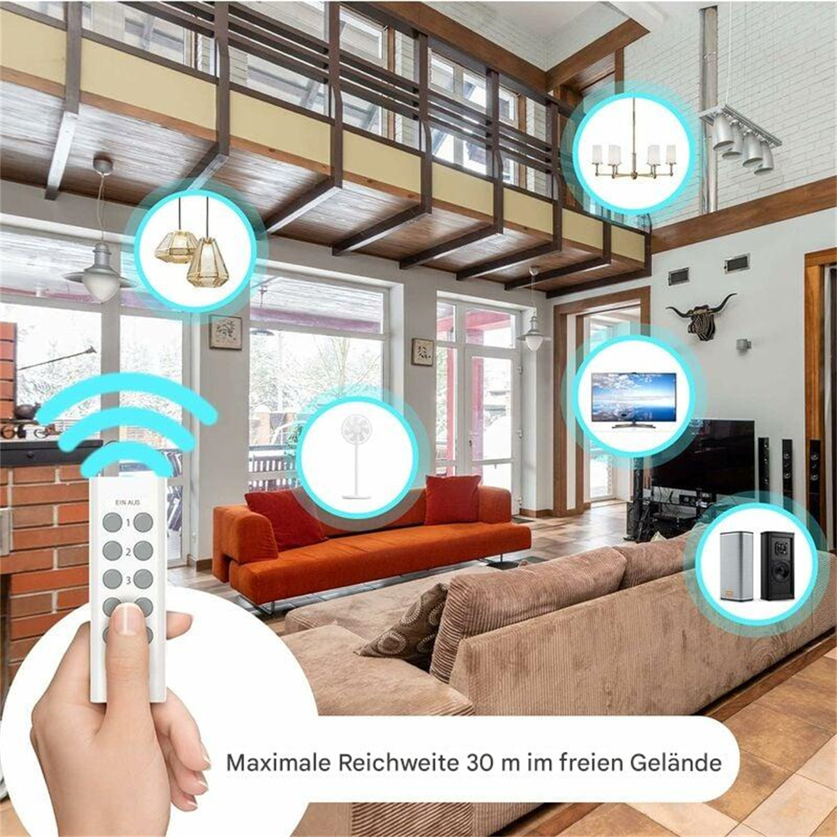 Eine Hand, die eine Fernbedienung hält, mit einem Wohnzimmer im Hintergrund, das verschiedene Lichter zeigt.