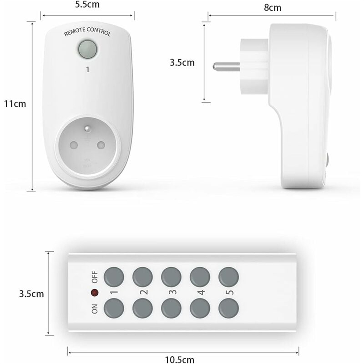 Weißer Netzadapter und Fernbedienung, mit Abmessungen und Messungen.