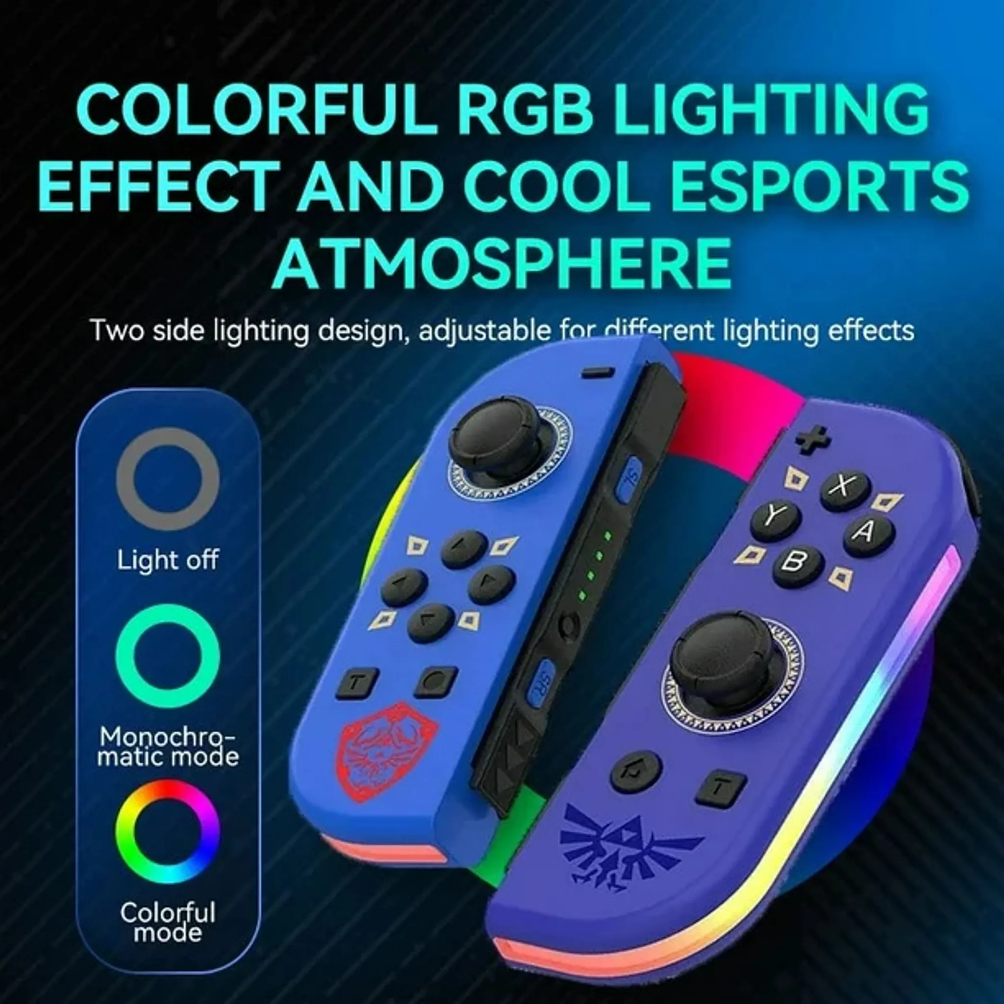 Blaue und violette Gamecontroller mit RGB-Beleuchtung. Tasten und Joystick sind sichtbar.